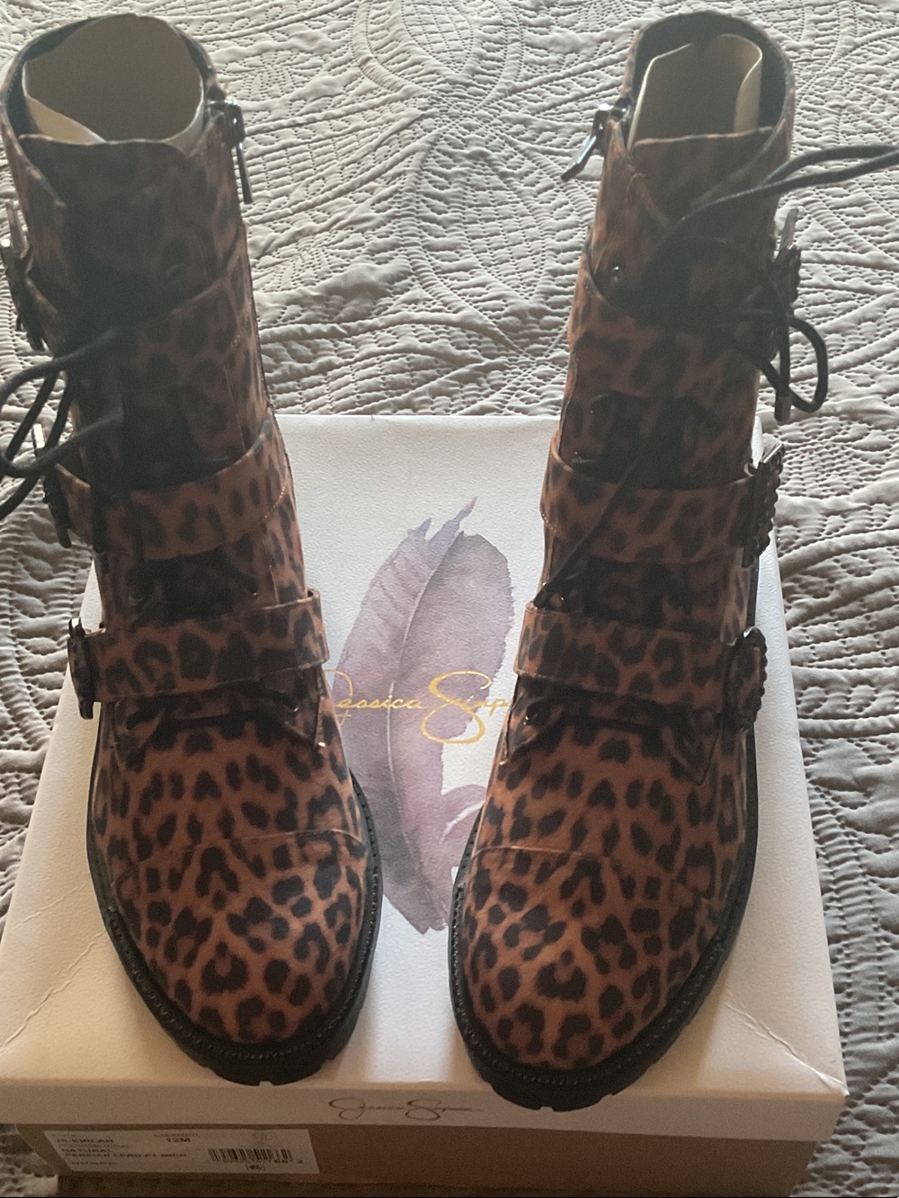 Jessica Simpson Kirlah Combat Leopard Print Lace-Up Ankle Boots -  NWB Size 12m